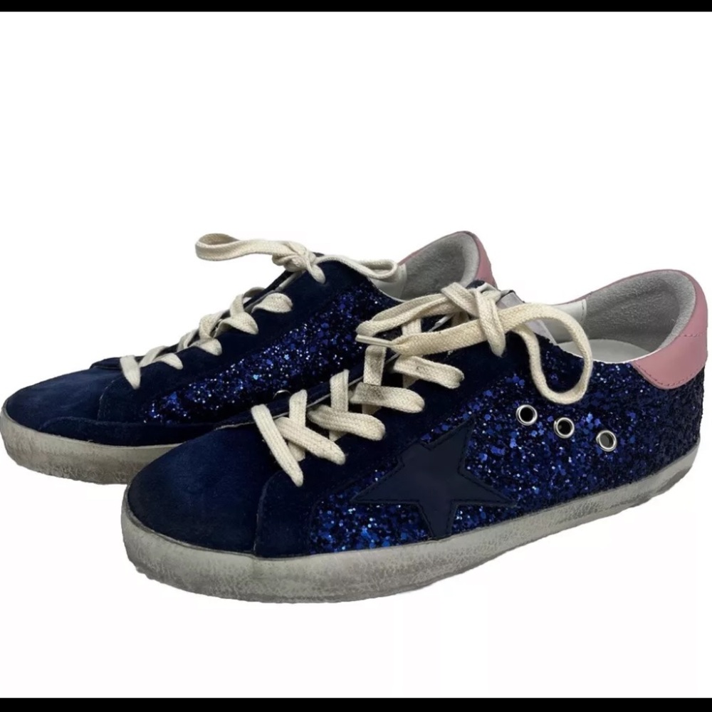 Golden Goose Super Star Sneakers Glitter & Suede Blue Antique Rose Size 39